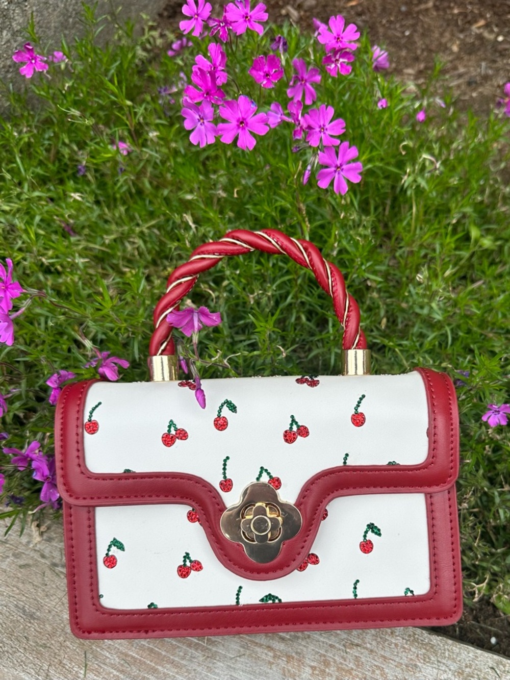 Red & White Cherry Top-Handle Rhinestone Purse - Picture 3 of 5